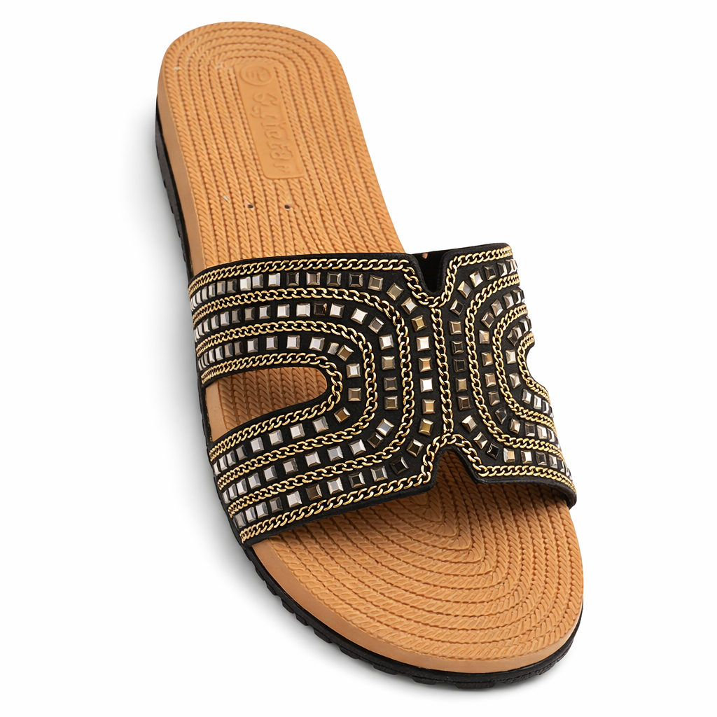 Decorative Slip On Flat Sandals with Embellished Strap